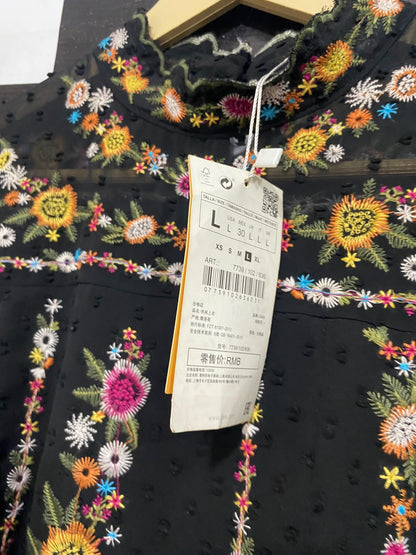ZARA BASIC |L| BUST 20| A67| ELEGANT BLACK EMBROIDERED HIGH-NECK BOHO BLOUSE