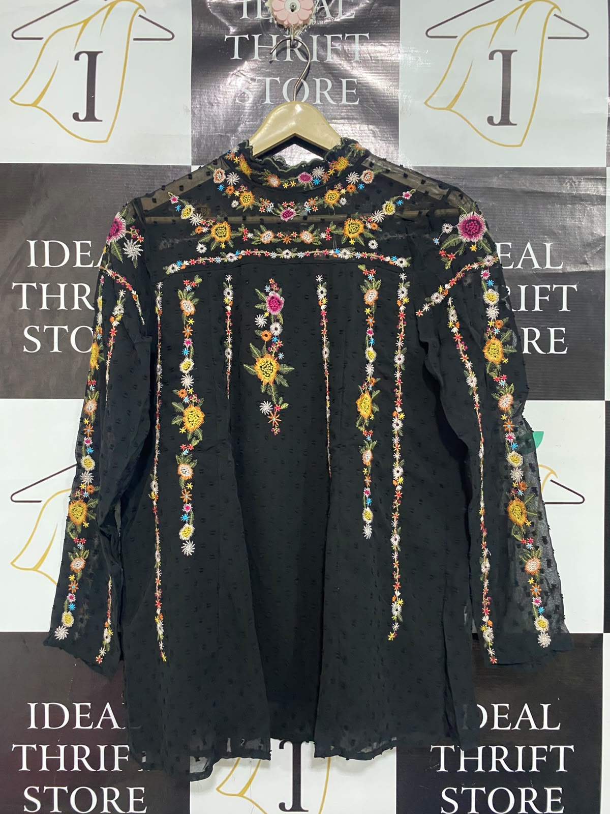 ZARA BASIC |L| BUST 20| A67| ELEGANT BLACK EMBROIDERED HIGH-NECK BOHO BLOUSE