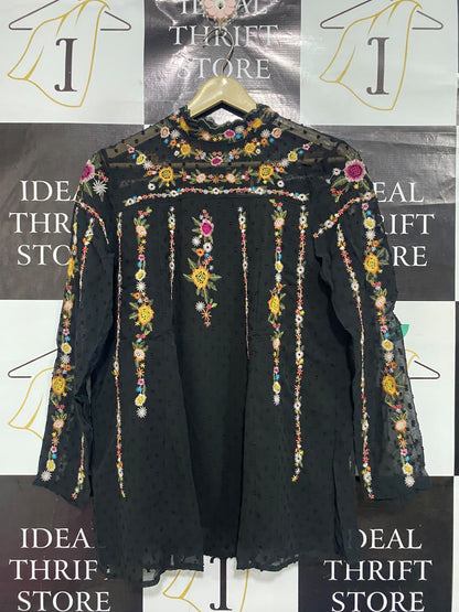 ZARA BASIC |L| BUST 20| A67| ELEGANT BLACK EMBROIDERED HIGH-NECK BOHO BLOUSE