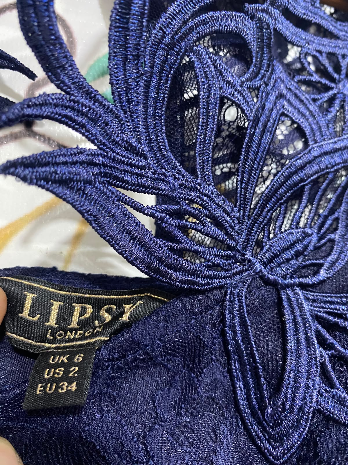 LIPSY |S| BUST 14| A67| NAVY BLUE LACE EMBROIDERED EVENING GOWN