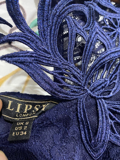 LIPSY |S| BUST 14| A67| NAVY BLUE LACE EMBROIDERED EVENING GOWN