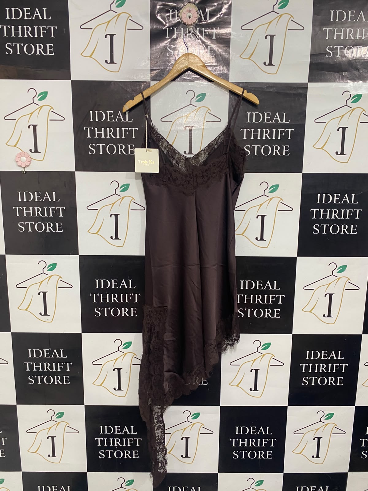TROIS KA |S| BUST 17| A67| PARIS DARK BROWN LACE TRIM ASYMMETRIC SLIP DRESS