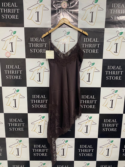 TROIS KA |S| BUST 17| A67| PARIS DARK BROWN LACE TRIM ASYMMETRIC SLIP DRESS
