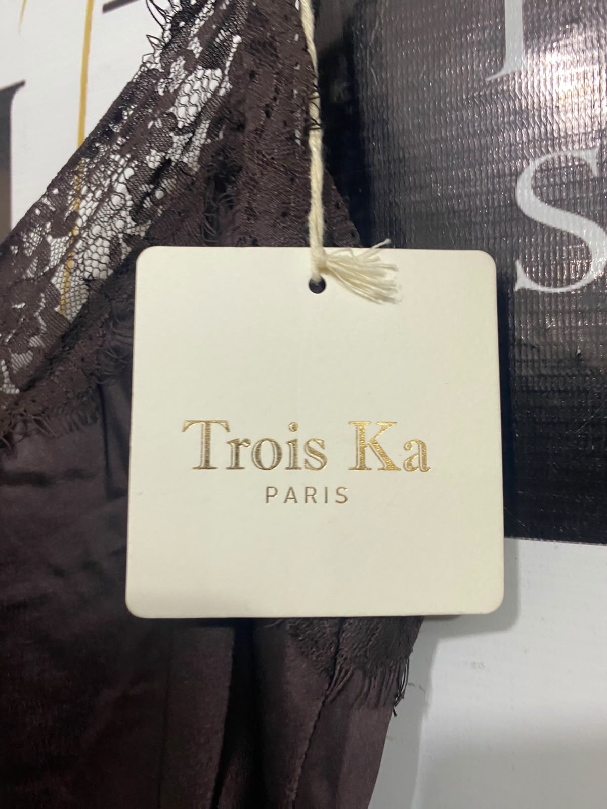 TROIS KA |S| BUST 17| A67| PARIS DARK BROWN LACE TRIM ASYMMETRIC SLIP DRESS
