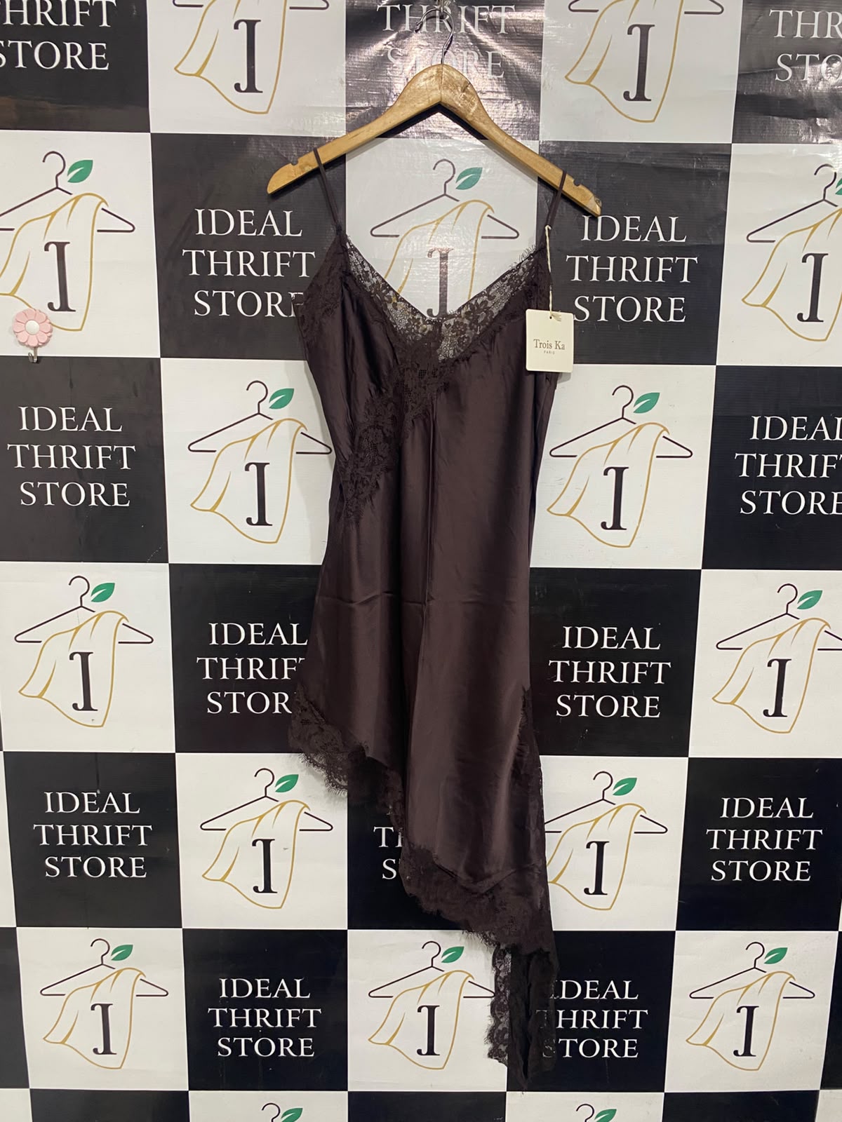 TROIS KA |S| BUST 17| A67| PARIS DARK BROWN LACE TRIM ASYMMETRIC SLIP DRESS