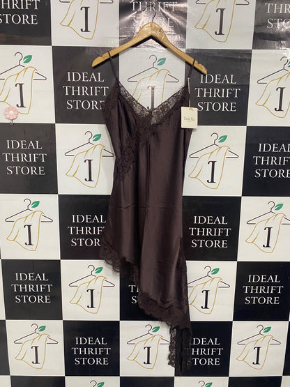 TROIS KA |S| BUST 17| A67| PARIS DARK BROWN LACE TRIM ASYMMETRIC SLIP DRESS