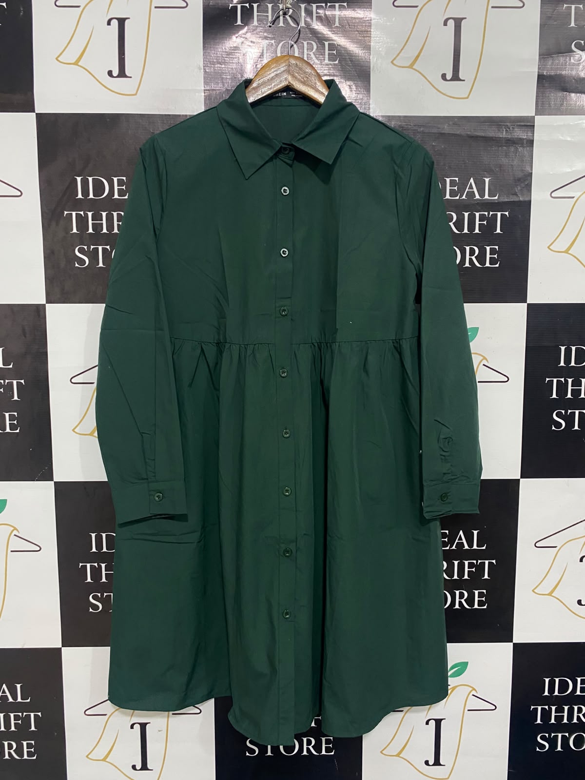 SHEIN |M| BUST 19| A67| EMERLD GREEN DROP-WAIST BUTTON-DOWN SHIRT DRESS
