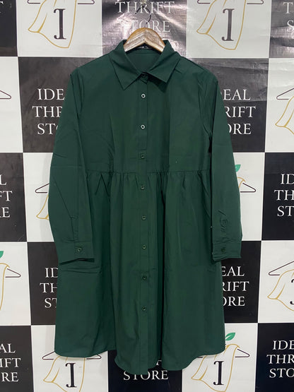 SHEIN |M| BUST 19| A67| EMERLD GREEN DROP-WAIST BUTTON-DOWN SHIRT DRESS