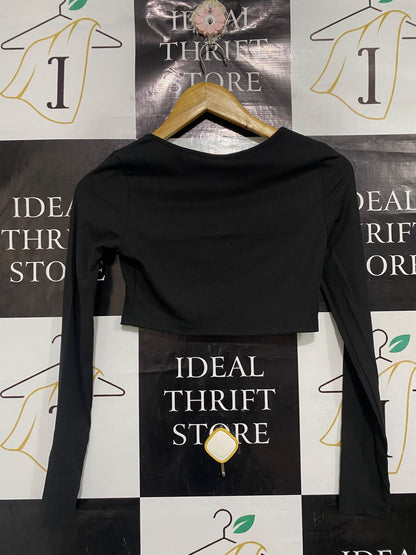 SHEIN |S| BUST 14| A66| BASICS BLACK U-NECK LONG-SLEEVE CROP TOP