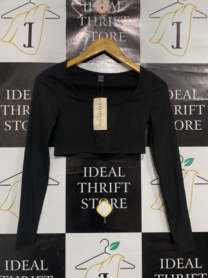 SHEIN |S| BUST 14| A66| BASICS BLACK U-NECK LONG-SLEEVE CROP TOP