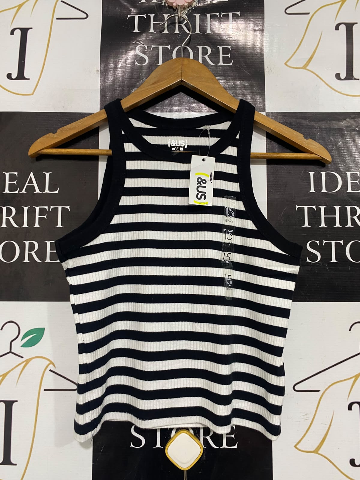 & US |XS| BUST 15| A66| BLACK & WHITE STRIPED RIBBED TANK TOP