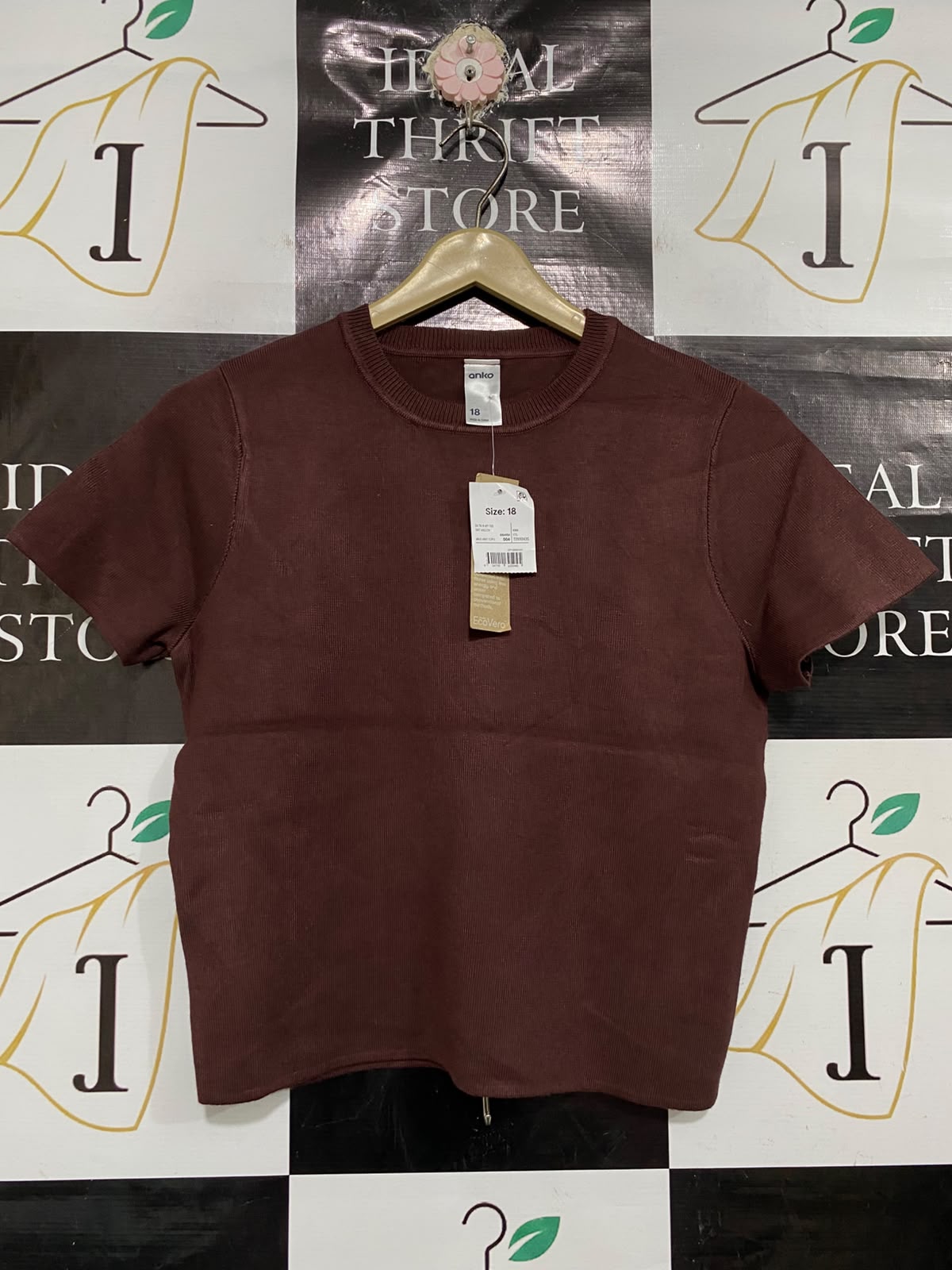 ANKO |M| BUST 18| A66| DARK BROWN ECO-VERO KNIT SHORT-SLEEVE TOP