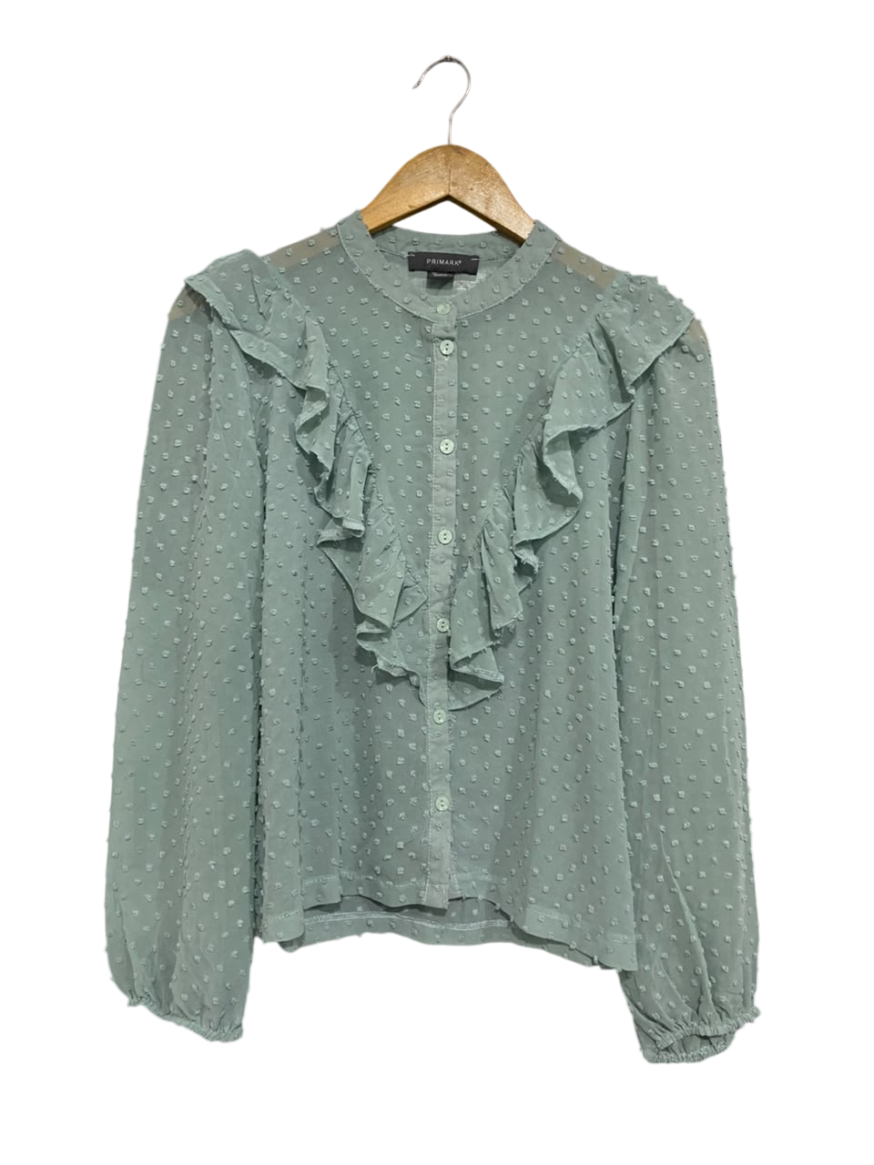PRIMARK |M| BUST 20| A67|  MINT GREEN SWISS DOT RUFFLE FRONT BLOUSE