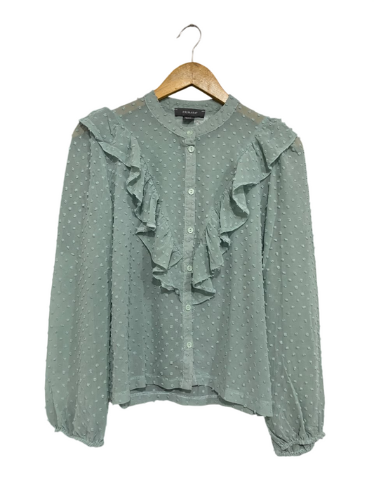 PRIMARK |M| BUST 20| A67|  MINT GREEN SWISS DOT RUFFLE FRONT BLOUSE