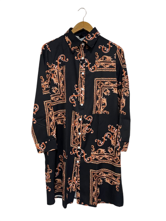 SHEIN |S| BUST 19| A67| BLACK & GOLD BAROQUE PRINT BUTTON-DOWN SHIRT DRESS (LUXURY VINTAGE)