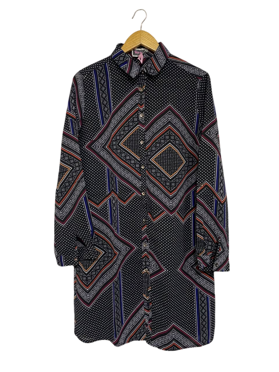 RED CHERIE |L| BUST 22| A67|  BLACK GEOMETRIC & POLKA DOT PRINT BUTTON-DOWN SHIRT DRESS