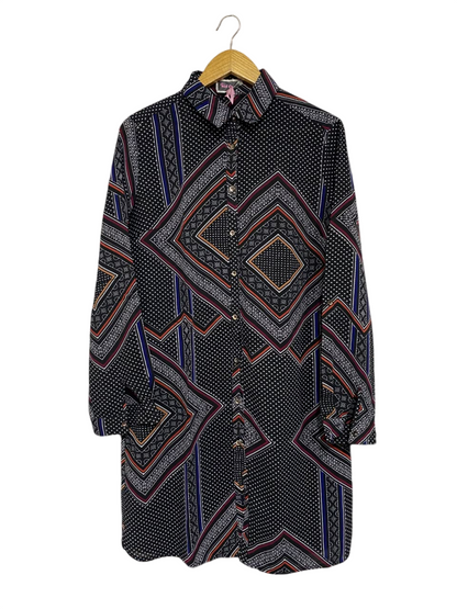 RED CHERIE |L| BUST 22| A67|  BLACK GEOMETRIC & POLKA DOT PRINT BUTTON-DOWN SHIRT DRESS