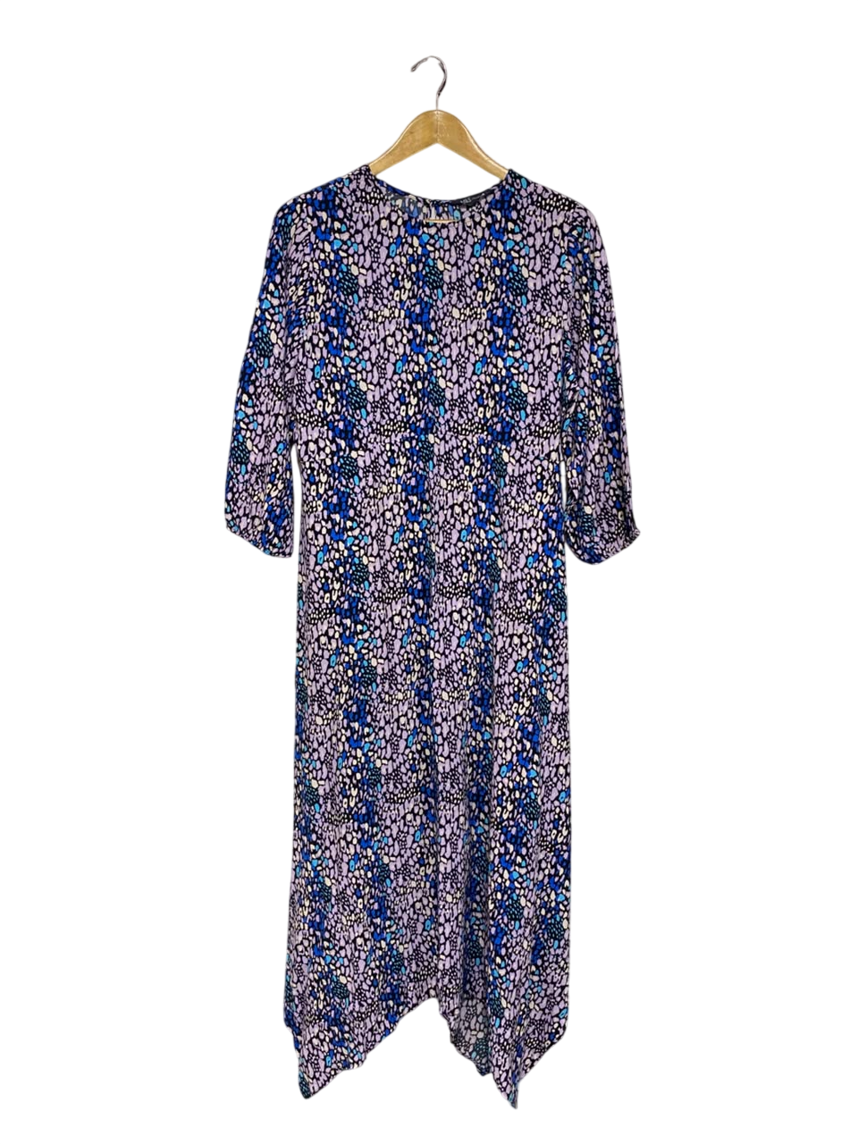 MARKS & SPENCER |L| BUST 20| A67| PURPLE & BLUE ABSTRACT PRINT ASYMMETRIC MIDI DRESS