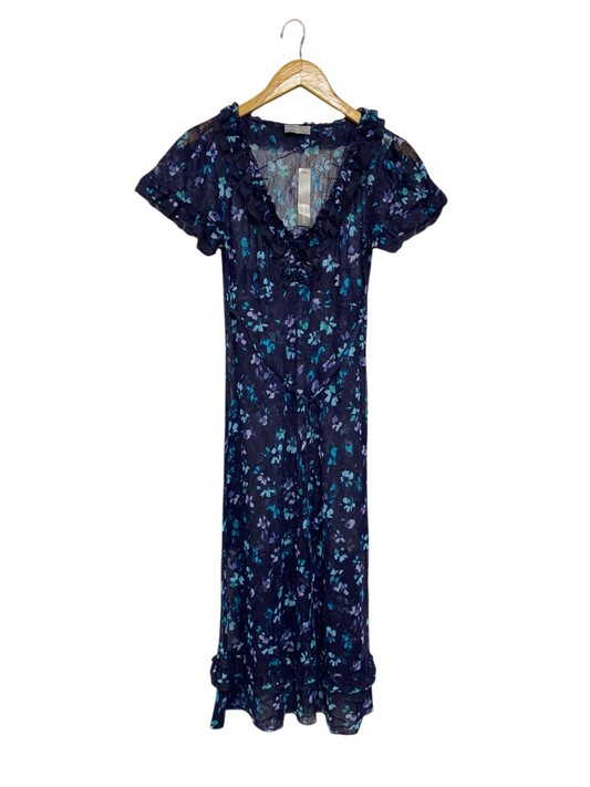 PER UNA |S| BUST 16| A67| NAVY BLUE FLORAL PRINT RUFFLED MIDDLES-DRESS