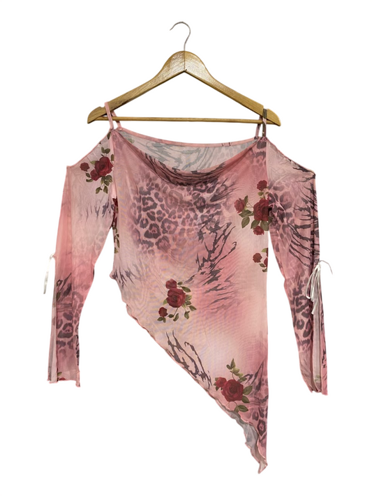|S| BUST 18| A67| PINK MESH ROSES AUR ANIMAL PRINT ASYMMETRIC OFF-SHOULDER TOP