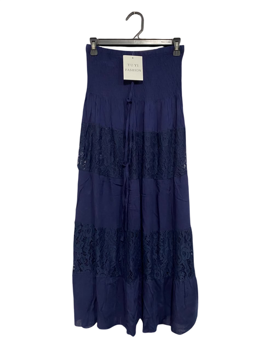 YU YI FASHION |S| WAIST 26| A67| NAVY BLUE LACE-PANEL MAXI SKIRT