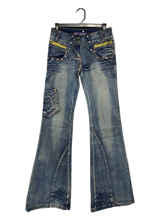 VINKNO JEANS |M| WAIST 28| A67| TAGE WASH STUDS AUR ZIP DETAIL FLARED DENIM JEANS