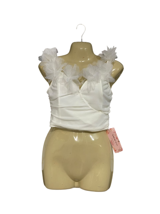 SHEIN |S| BUST 16| A67| MOD WHITE 3D FLORAL STRAP WRAP CROP TOP