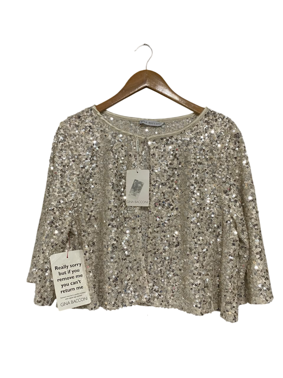 GINA BACCONI |M| BUST 24| A67| CHAMPAGNE GOLD SEQUIN OPEN-FRONT BOLERO SHRUG