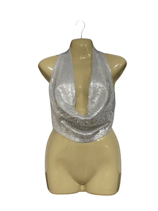 PRETTYLITTLE THING |S| BUST 15| A67| SILVER SEQUIN HALTER COWL NECK PARTY CROP TOP