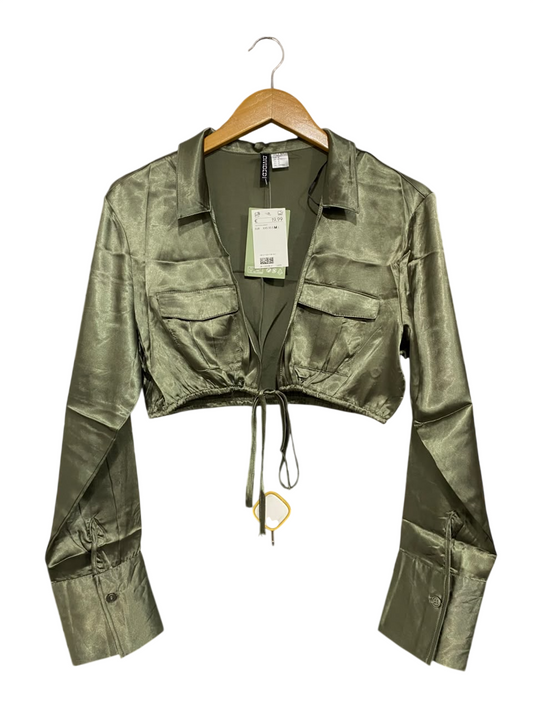 H&M |M| BUST 18| A67| OLIVE GREEN SATIN CROP SHIRT TOP