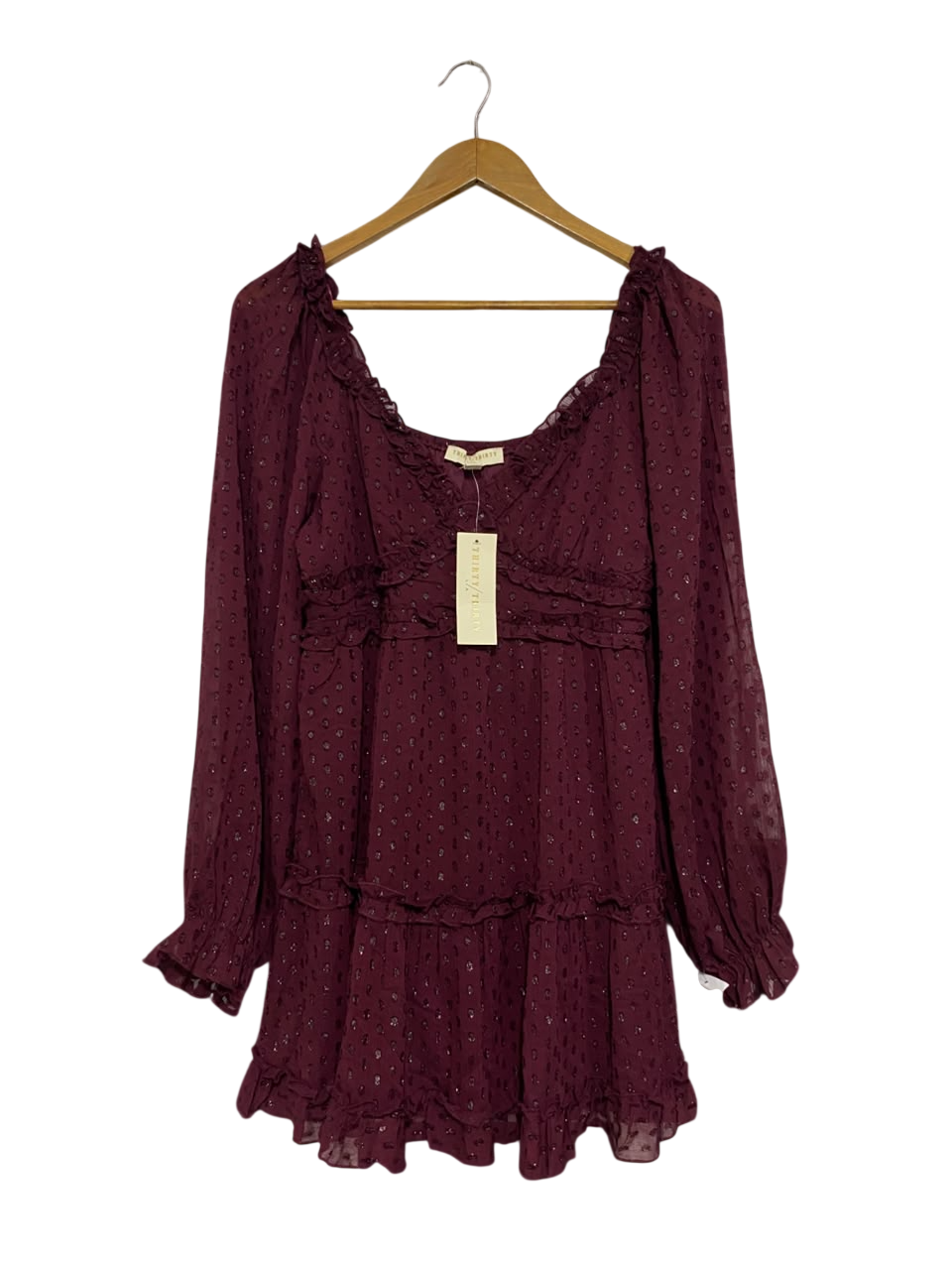 THIRTY THIRTY |M| BUST 17| A67| MAROON SWISS DOT RUFFLE MINI DRESS