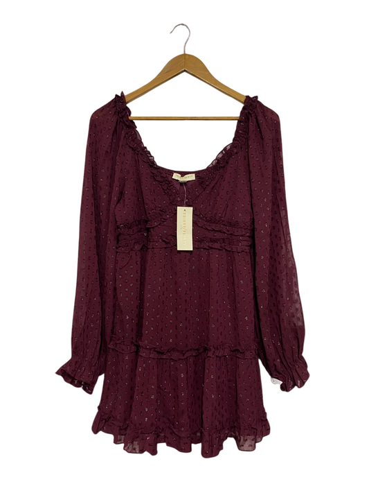 THIRTY THIRTY |M| BUST 17| A67| MAROON SWISS DOT RUFFLE MINI DRESS