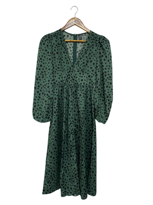 SHEIN |XS| BUST 15| A67| EMERALD GREEN AUR BLACK ANIMAL PRINT MIDI DRESS