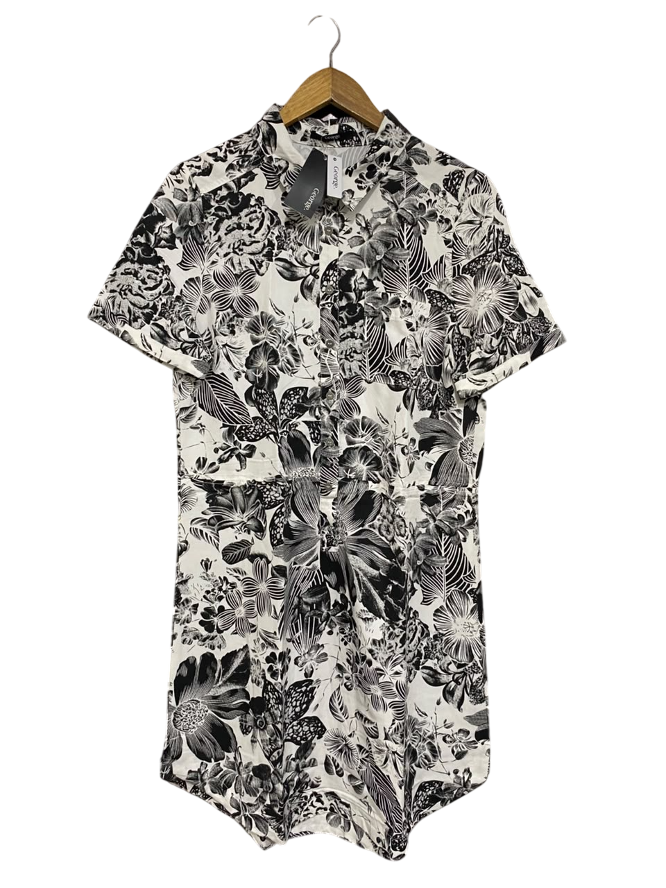 GEORGE |L| BUST 20| A67| BLACK AUR WHITE FLORAL PRINT BUTTON-DOWN SHIRT DRESS