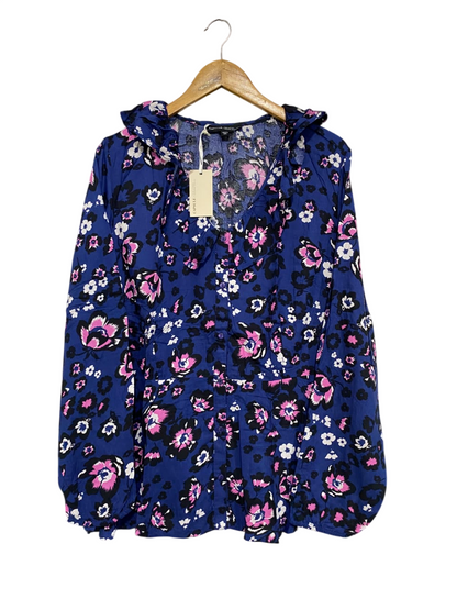 CAPSULE |L| BUST 23| A67| ROYAL BLUE AUR PINK FLORAL RUFFLE COLLAR BLOUSE