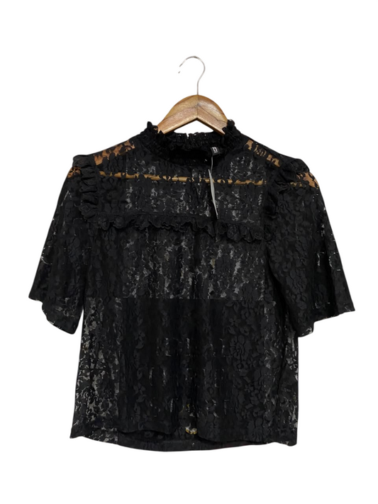 H&M |S| BUST 17| A67| BLACK ALL-OVER LACE HIGH-NECK RUFFLE TOP