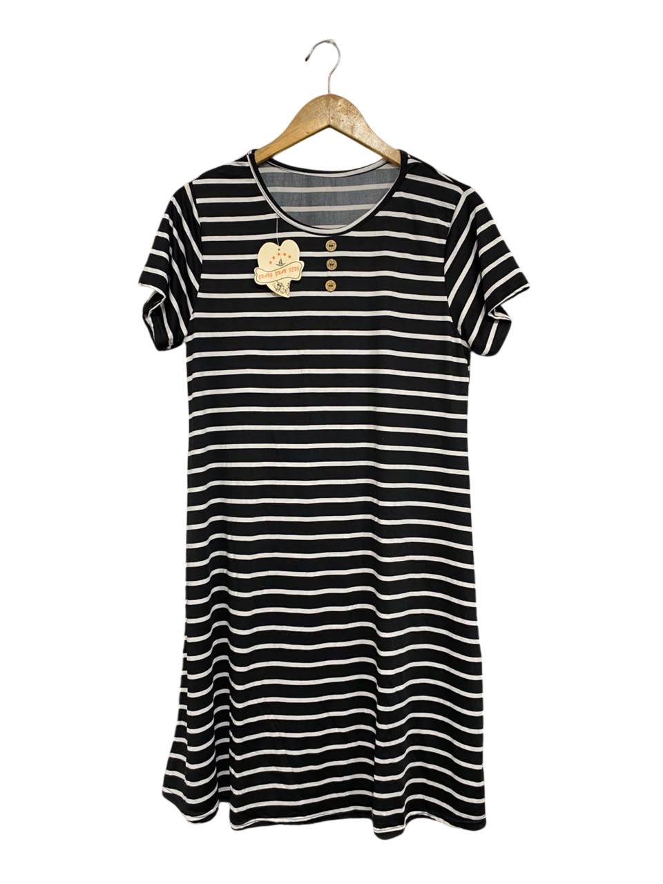 M/L |BUST 19| A67| BLACK AUR WHITE STRIPED BUTTON-FRONT TUNIC DRESS