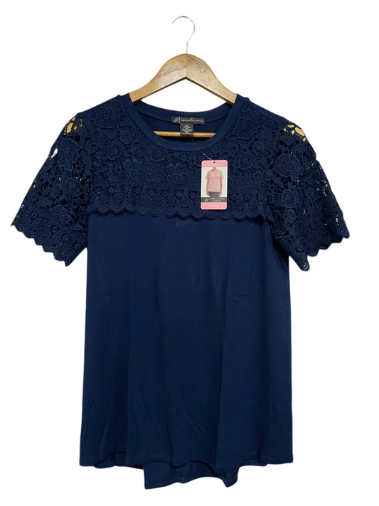 ADRIANNA PAPELL |S| BUST 18| A67| NAVY BLUE CROCHET LACE-ACCENT TOP