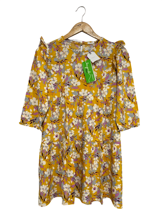NEXT |M| BUST 18| A67| MUSTARD & WHITE FLORAL RUFFLE-SHOULDER TIERED DRESS