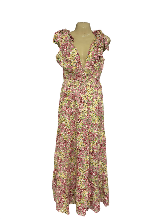 NASTY GAL |S| BUST 17| A67| MULTICOLOR FLORAL TIE-STRAP RUFFLE MAXI DRESS