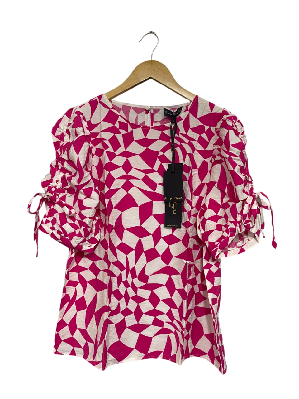 PHASE EIGTH |M| BUST 20| A67| MAGENTA & WHITE GEOMETRIC RUFFLE SLEEVE TOP