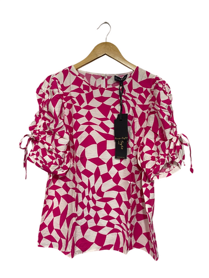PHASE EIGTH |M| BUST 20| A67| MAGENTA & WHITE GEOMETRIC RUFFLE SLEEVE TOP