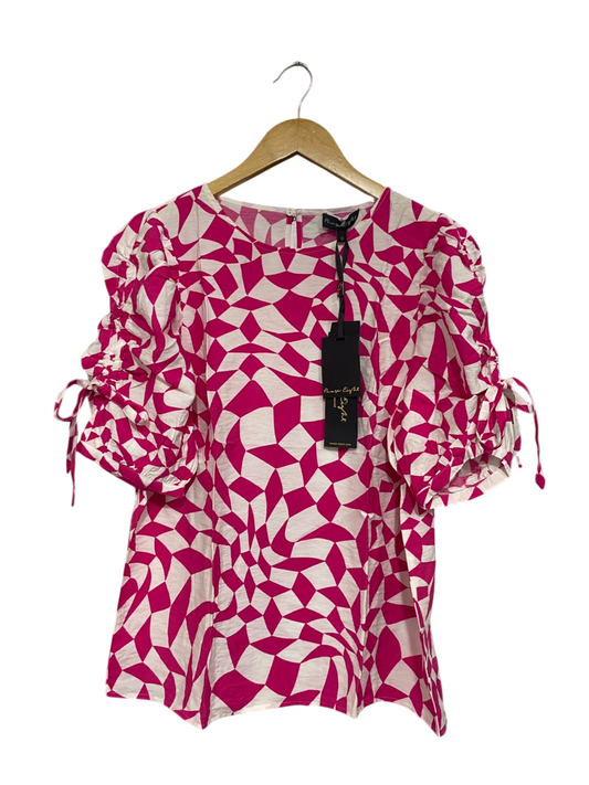 PHASE EIGTH |M| BUST 20| A67| MAGENTA & WHITE GEOMETRIC RUFFLE SLEEVE TOP