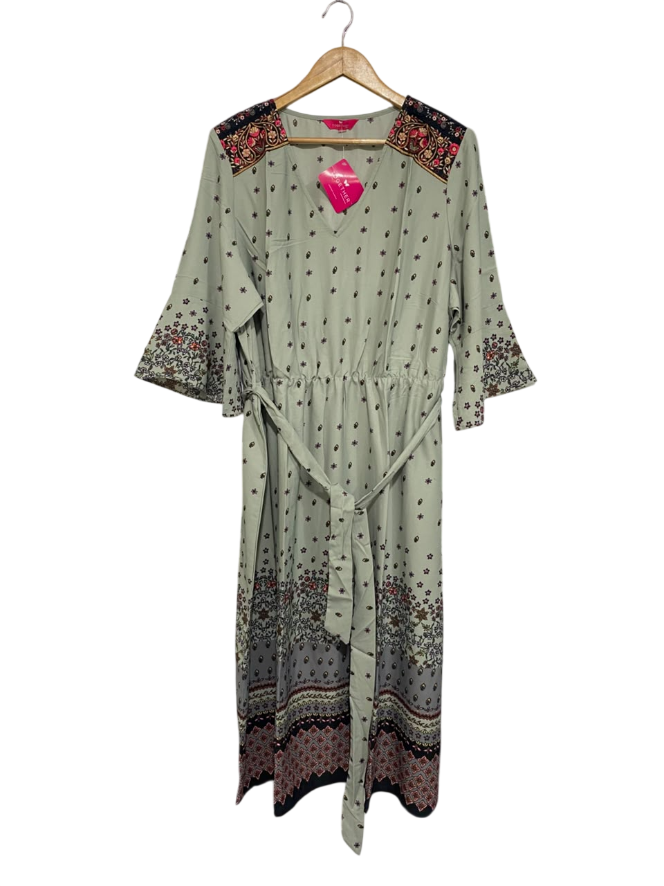 TOGE THEF |L| BUST 23| A67| SAGE GREEN PRINTED TIE-WAIST MIDI DRESS