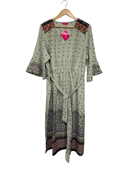 TOGE THEF |L| BUST 23| A67| SAGE GREEN PRINTED TIE-WAIST MIDI DRESS