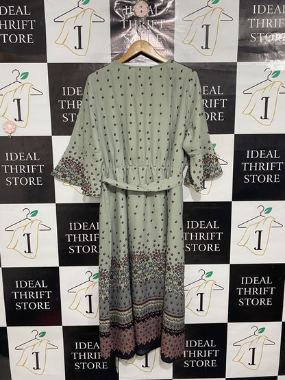 TOGE THEF |L| BUST 23| A67| SAGE GREEN PRINTED TIE-WAIST MIDI DRESS