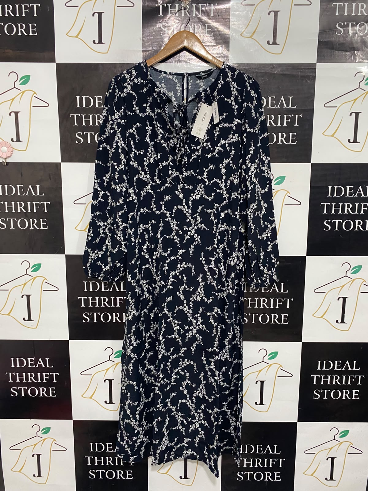GEORGE |M| BUST 18| A67| NAVY BLUE & WHITE FLORAL MIDI DRESS