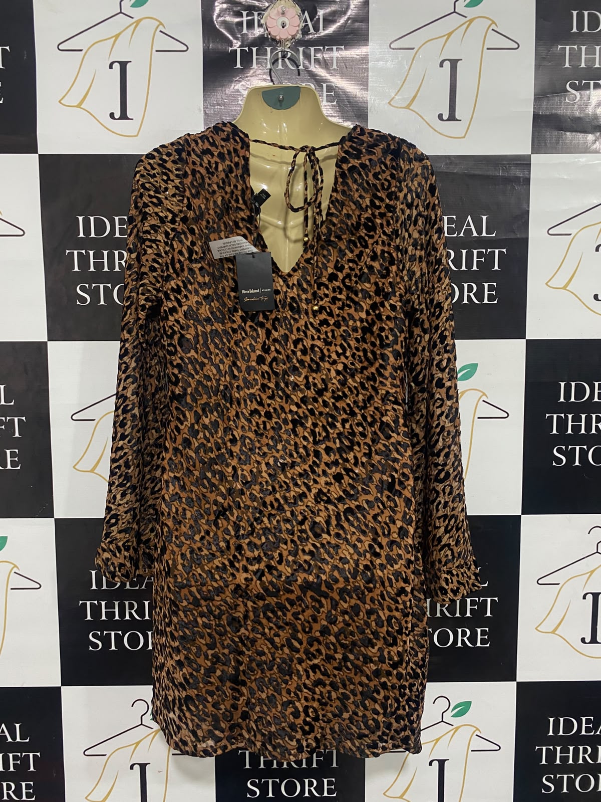 RIVER ISLAND |L| BUST 20| A67| LEOPARD PRINT COWL-NECK LONG-SLEEVE MINI DRESS / TUNIC