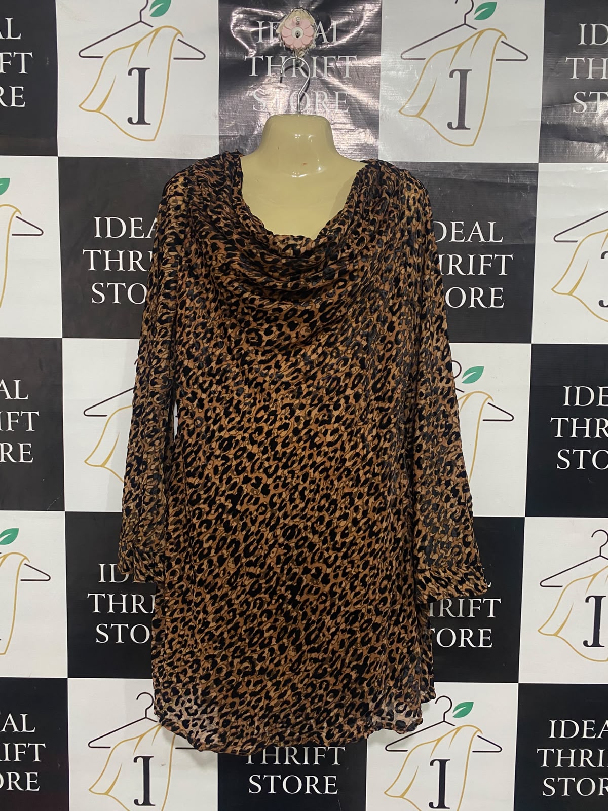 RIVER ISLAND |L| BUST 20| A67| LEOPARD PRINT COWL-NECK LONG-SLEEVE MINI DRESS / TUNIC