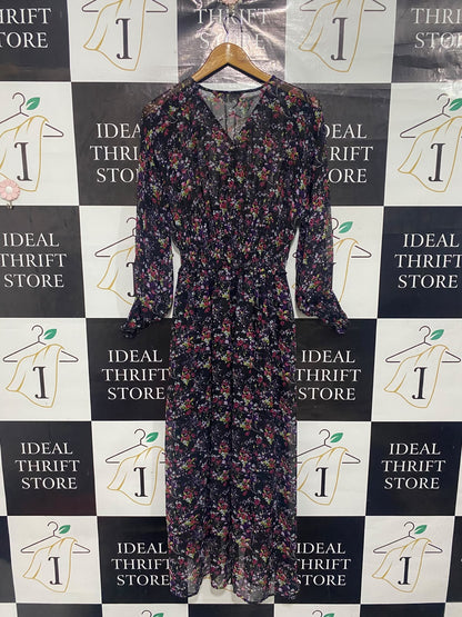 ZARA |M| BUST 16| A67| BLACK & MULTICOLOR FLORAL MIDI DRESS